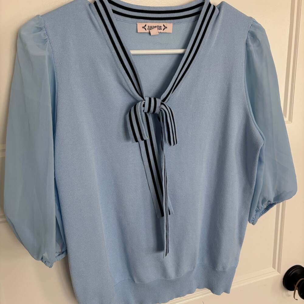 Nanette Lepore Necktie Puff Sleeve Sweater In Chambray Blue
